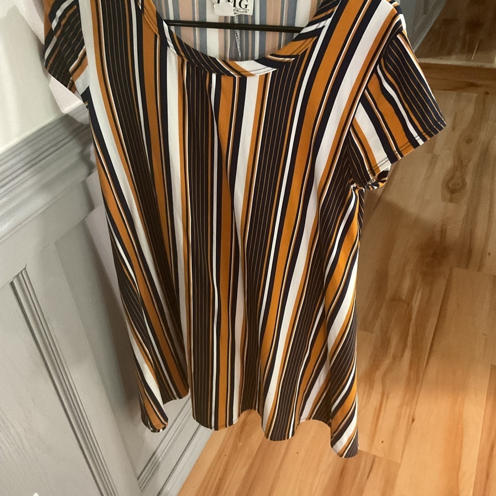 Striped Short-Sleeve Swing Tunic in Mustard, Black & White